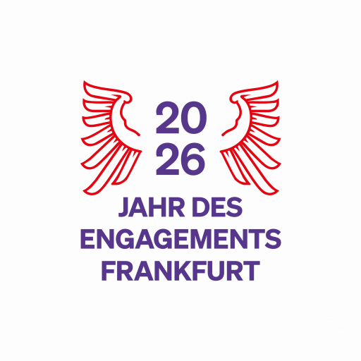 Logo des Ehrenamtsjahres 2026. Rote Adlerflügel und in der Mitte steht die Jahreszahl 2026 und darunter "Jahr des Engagements Frankfurt" in Lila