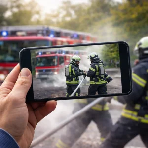 Smartphone fotografiert eine Szene der Feuerwehr bei ehrenamtlicher Arbeit